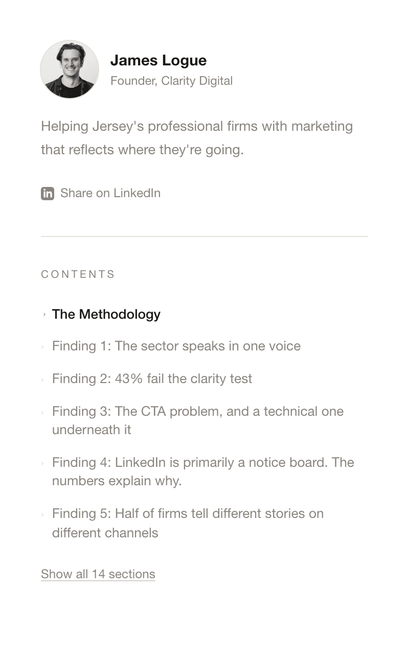 James’s author portrait and chapter navigation from the Digital Presence Report