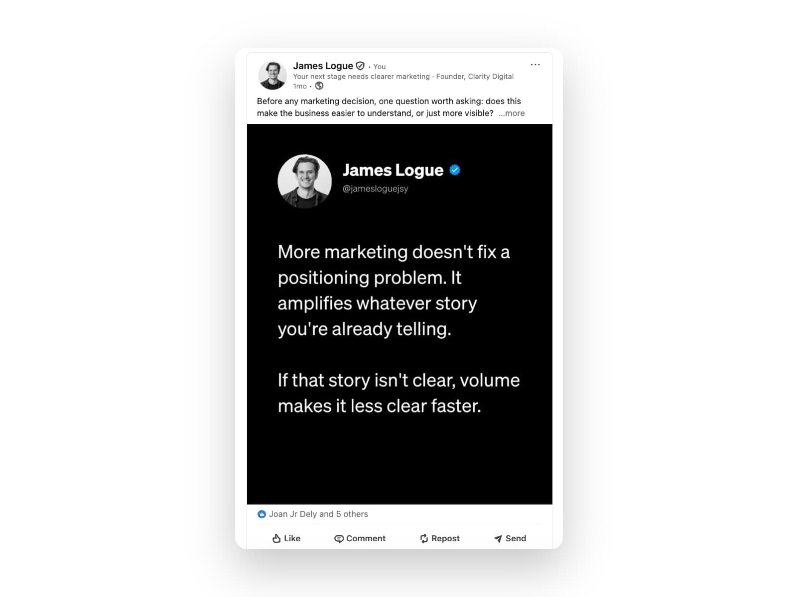 LinkedIn quote post: more marketing doesn't fix a positioning problem