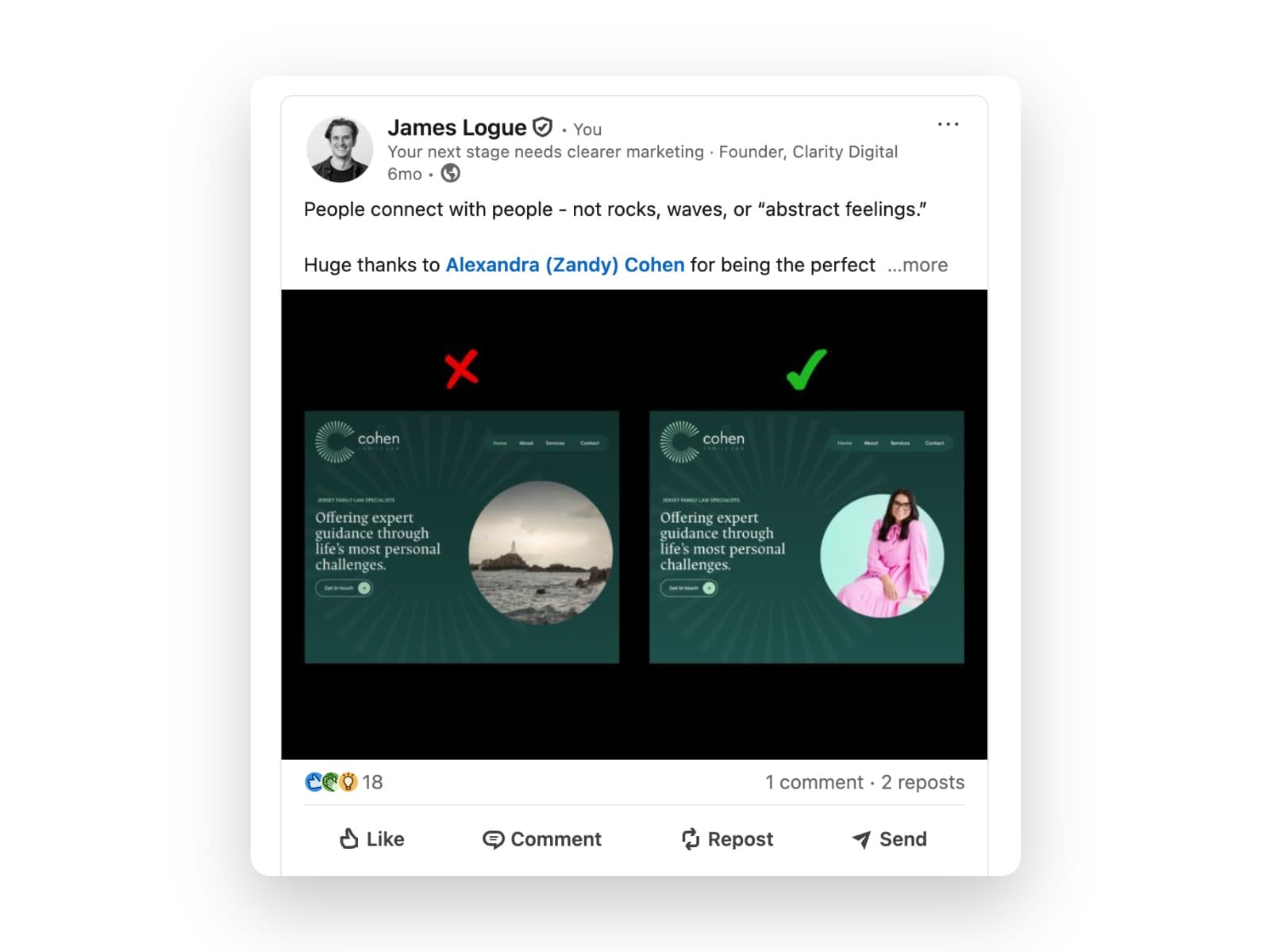 LinkedIn before-and-after post: people connect with people