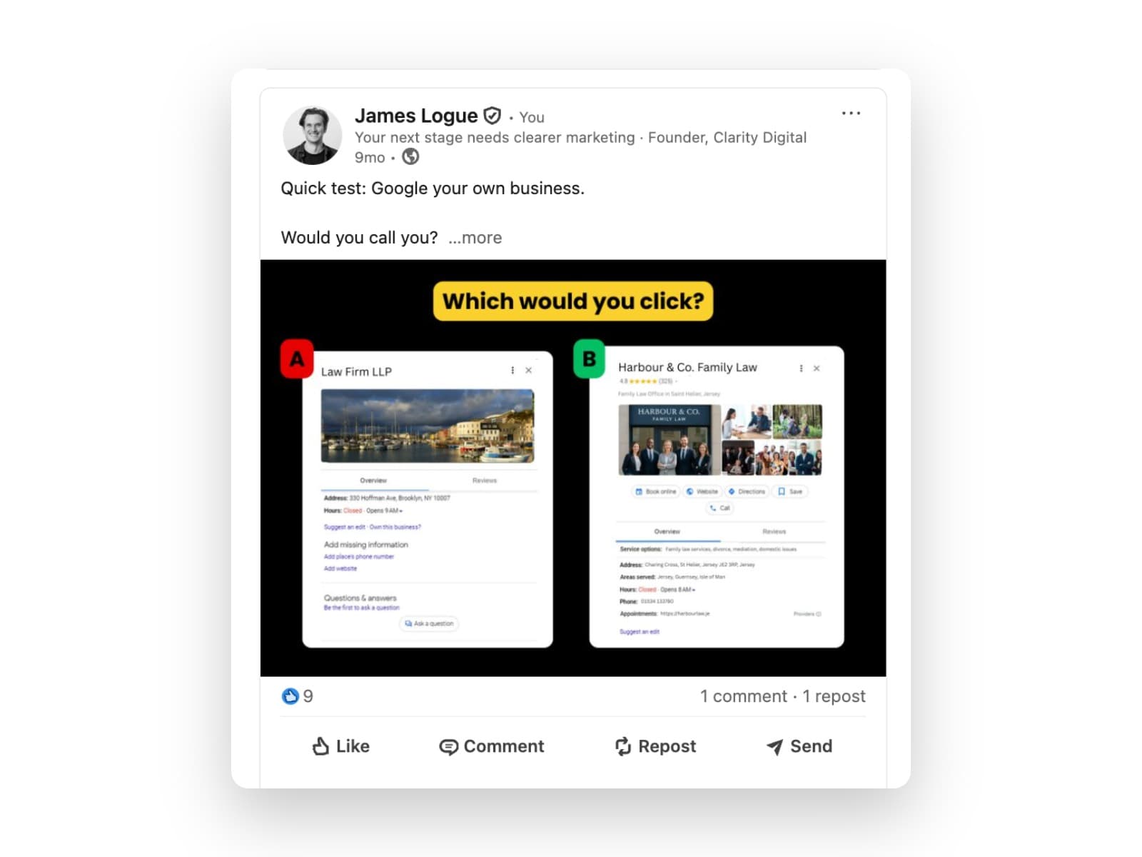 LinkedIn post: quick test, Google your own business