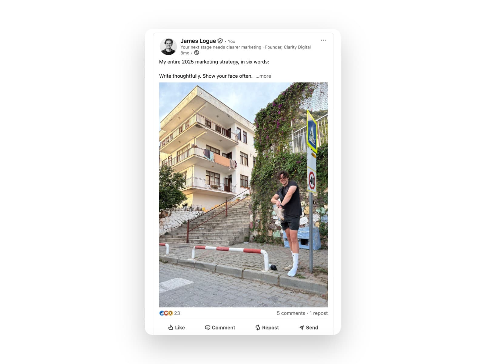 LinkedIn personal post: my 2025 marketing strategy in six words