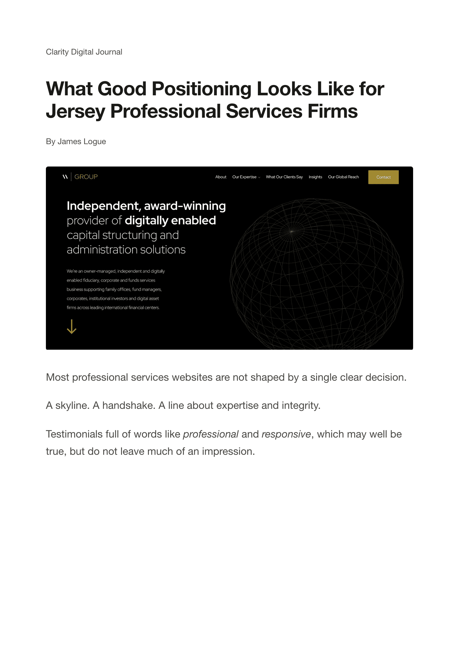 Editorial extract from James’s article on good positioning for Jersey professional services firms