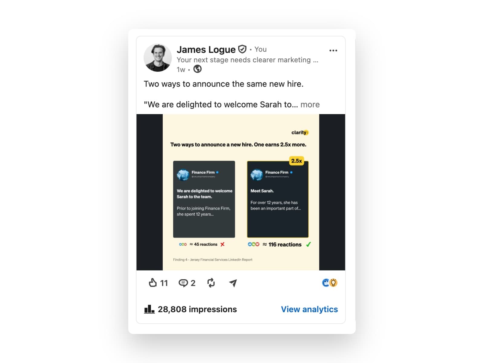 LinkedIn post screenshot showing reach and audience response