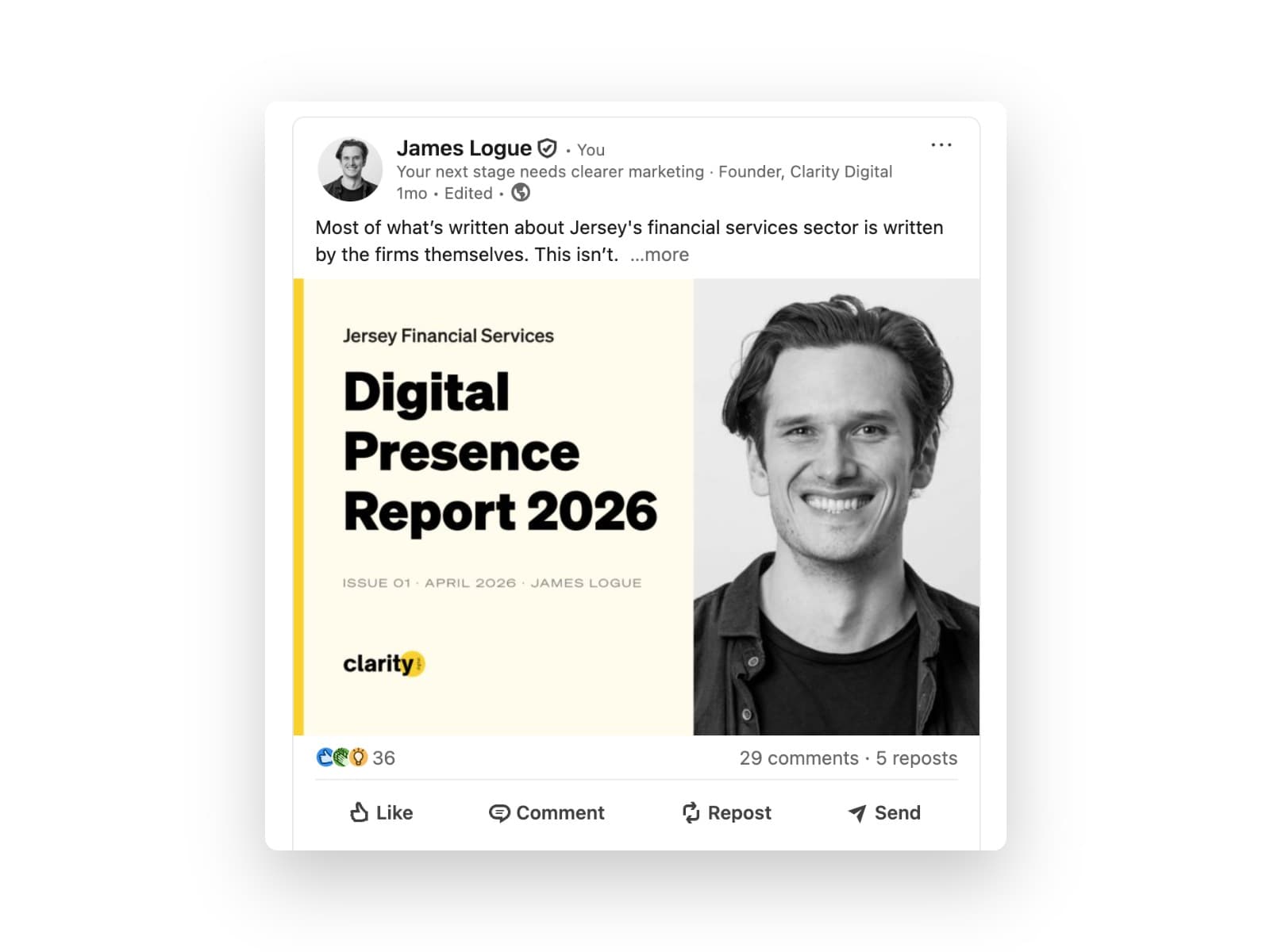 LinkedIn post screenshot promoting the Jersey financial services report