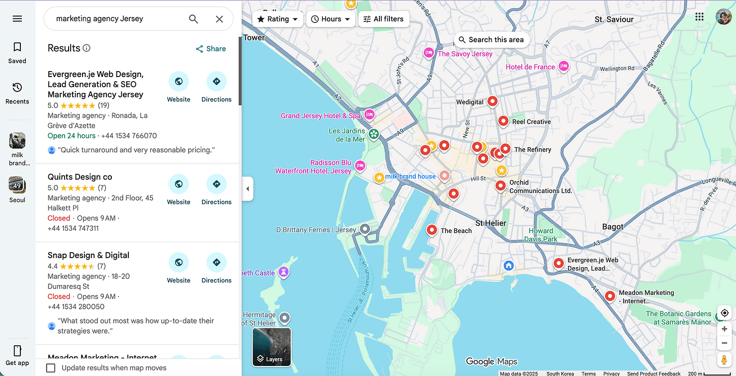 Google Maps search for "marketing agency Jersey" showing multiple agencies around St. Helier