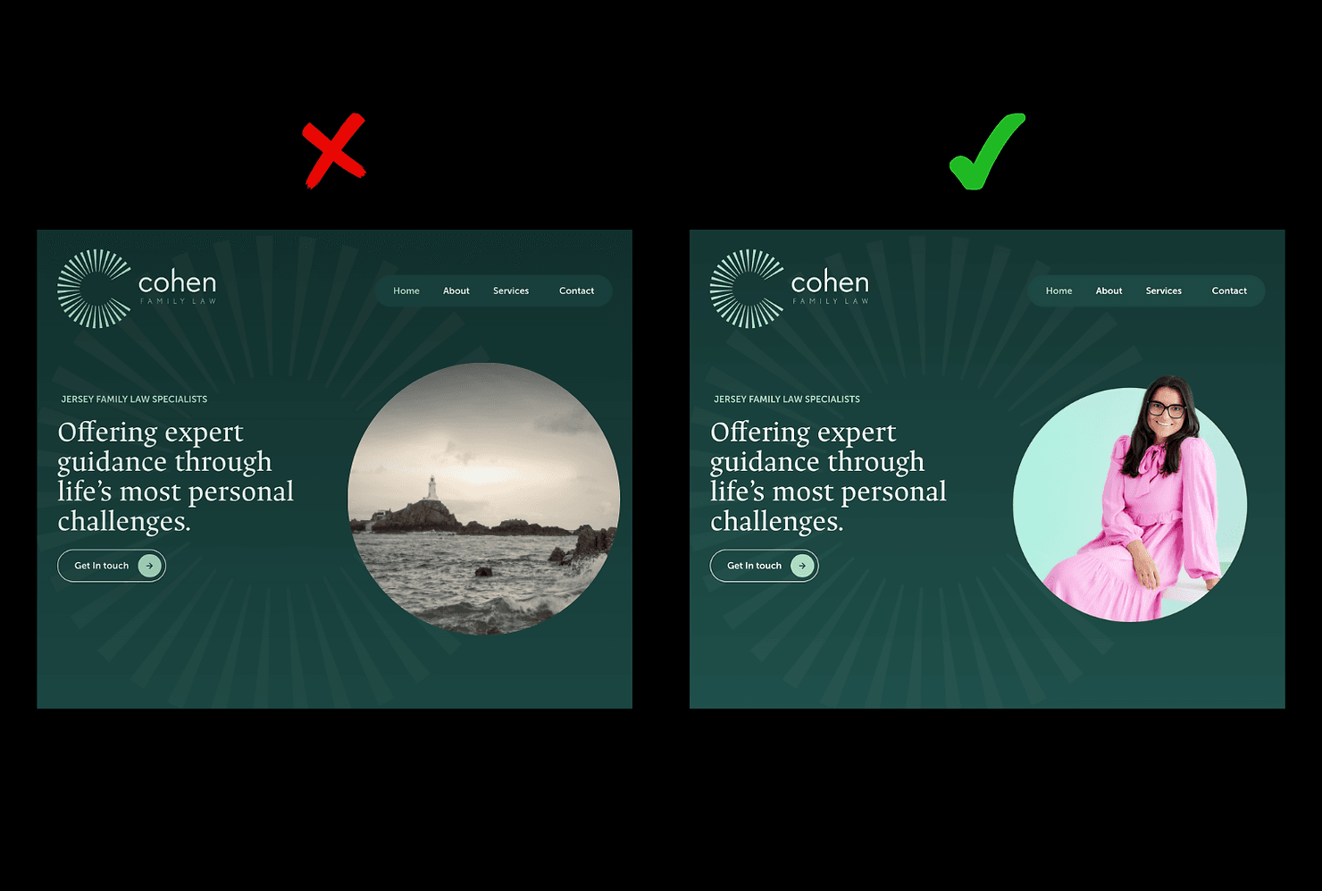 Side-by-side website examples showing the difference between using a stock photo and using a real photo of the person behind the business.