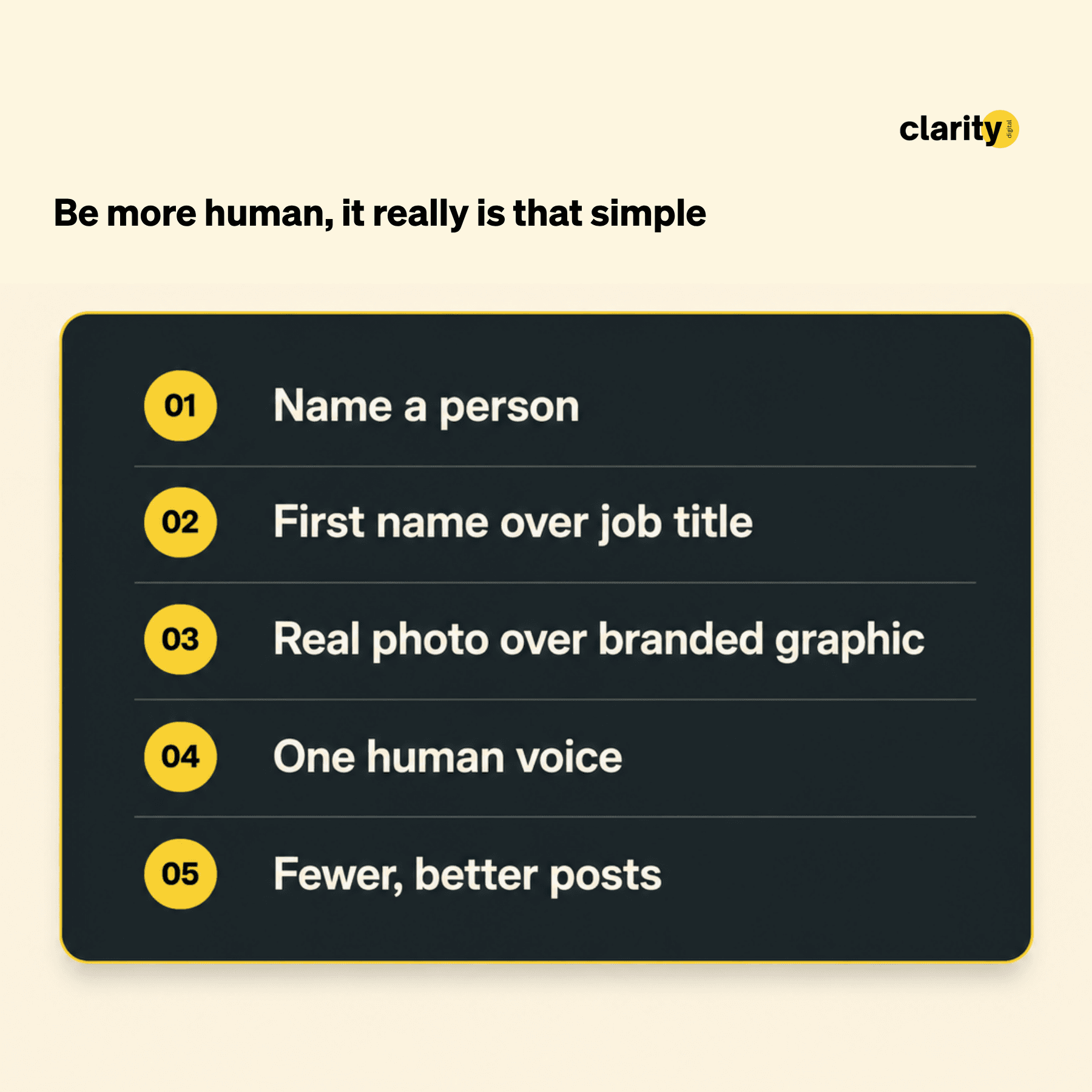 Card listing the five habits of firms that win the feed