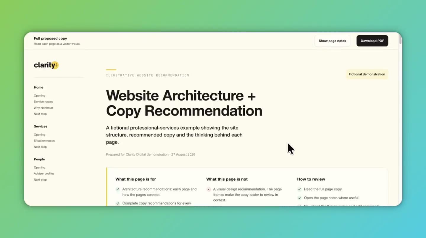 The Clarity Digital Portal showing a website architecture and copy recommendation